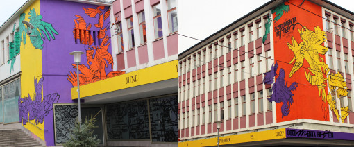 Farbenfrohes ruruHaus der documenta fifteen in der Kasseler Innenstadt 